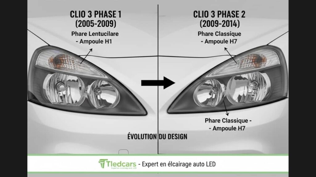 Photo comparative des optiques avant de Renault Clio 3 montrant un phare lenticulaire de Phase 1 et un phare classique de Phase 2 pour identifier le modèle d'ampoule H1 ou H7.