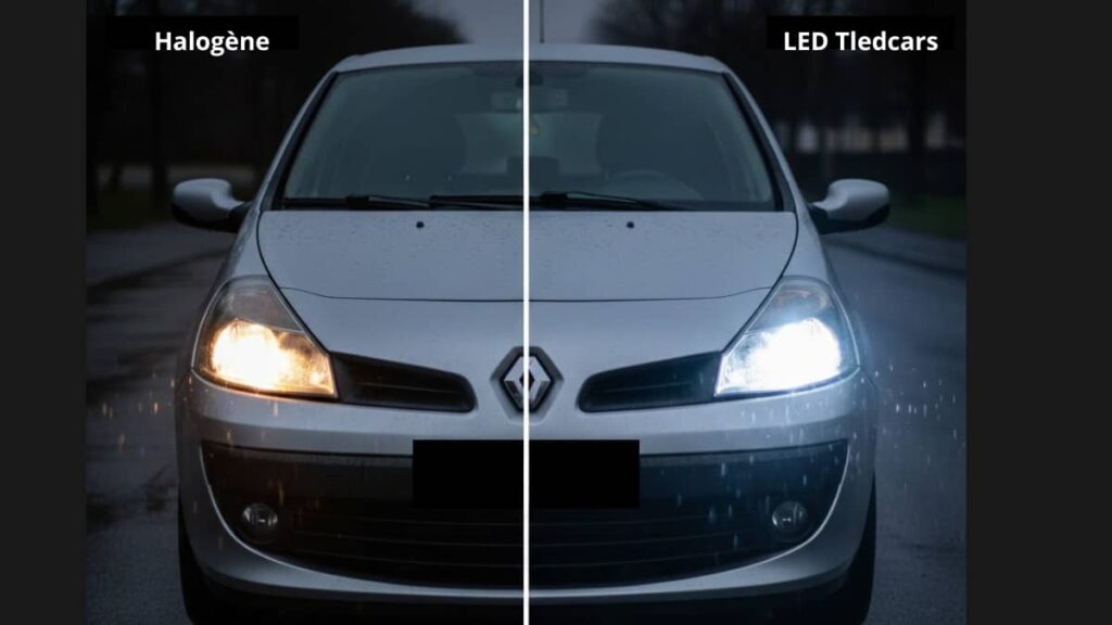 Comparaison avant-après de l'éclairage d'une Renault Clio 3 montrant à gauche la lumière jaune terne d'une ampoule halogène et à droite la lumière blanche pur LED pour une meilleure visibilité de nuit.
