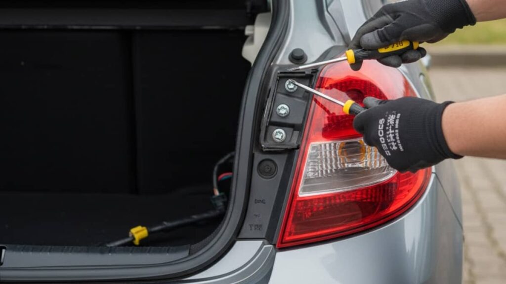 Vue du bloc feu arrière d'une Clio 3 partiellement retiré de la carrosserie, illustrant l'emplacement des vis Torx T20 pour accéder aux ampoules de stop et clignotants.
