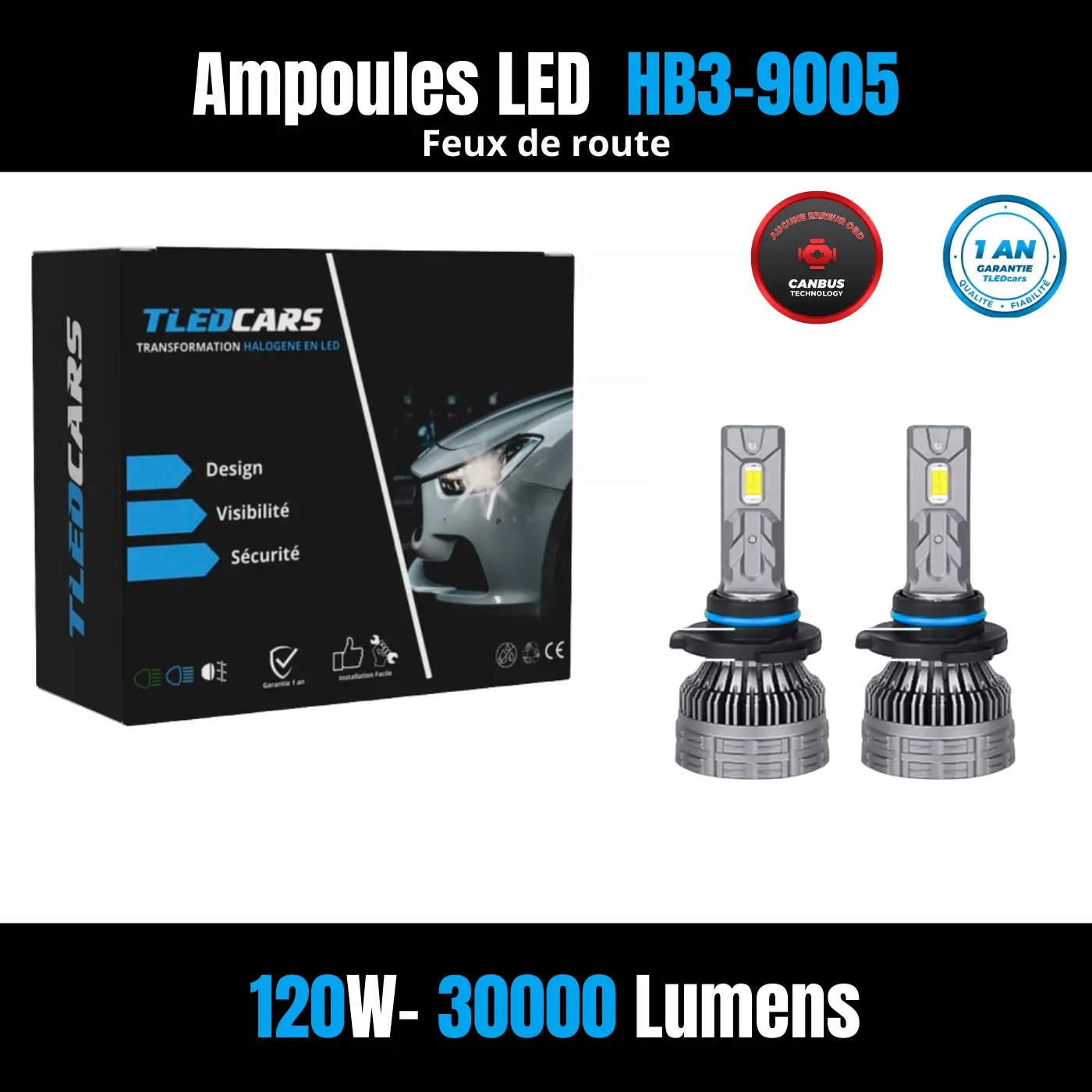 Ampoules HB3-9005 LED Canbus Feux de route Tledcars
