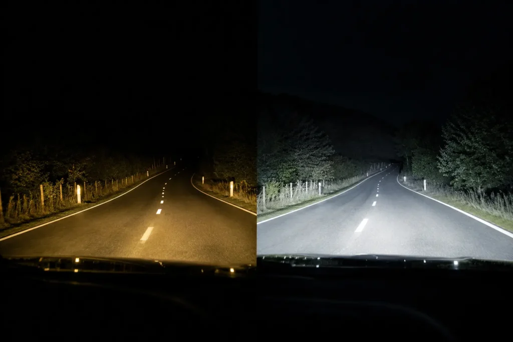 comparatif faisceau halogène et LED sur BMW Série 3 E46