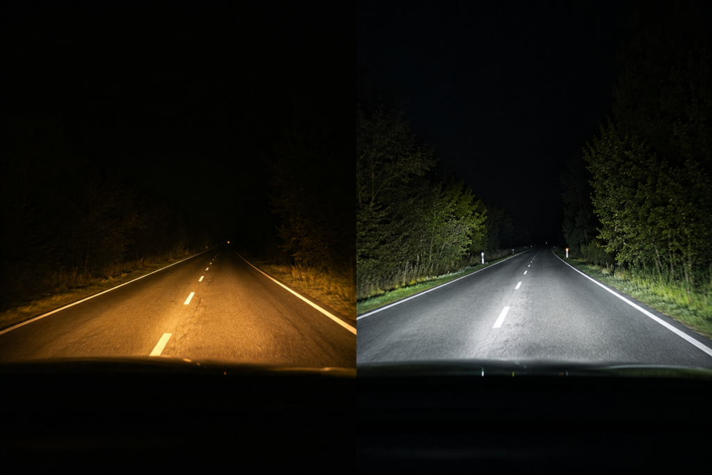 comparatif faisceau halogène et LED sur Toyota Yaris 3