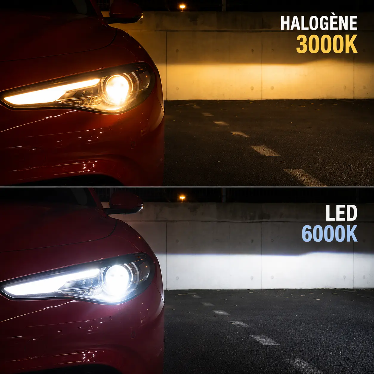 Comparaison éclairage halogène et LED sur Alfa Romeo Giulia de nuit