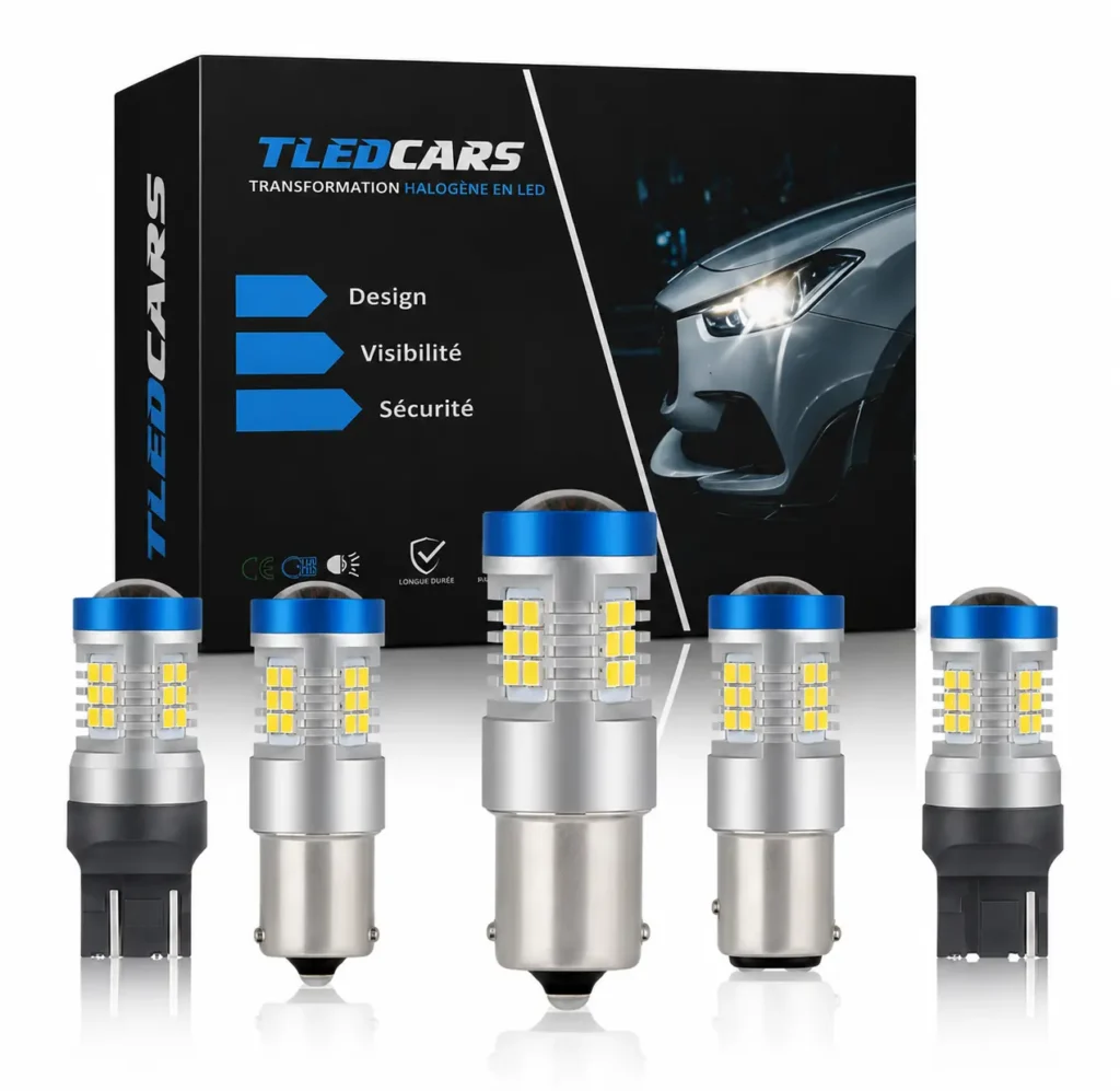 Ampoules LED automobiles TLEDCARS avec culots différents, capuchons bleus et boîtier noir et bleu de la marque, présentées sur fond blanc.