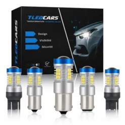 Ampoules LED automobiles TLEDCARS avec culots différents, capuchons bleus et boîtier noir et bleu de la marque, présentées sur fond blanc.