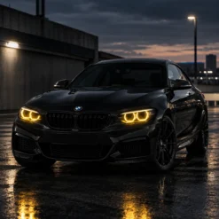BMW Série 2 F22 noire vue de face en trois-quarts, avec feux LED jaunes allumés dans un environnement urbain de nuit.