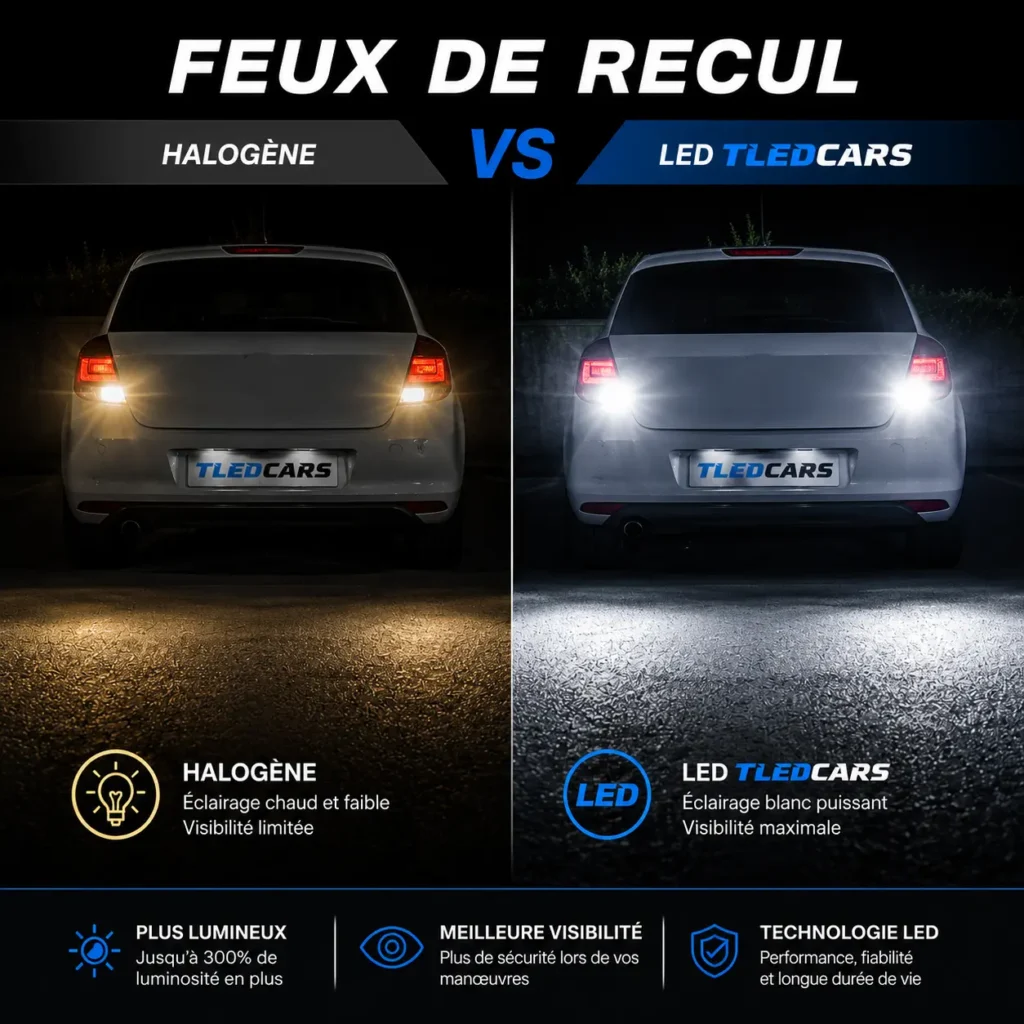 Comparatif feux de recul halogène et LED TLEDCARS montrant la différence de luminosité, de couleur et de visibilité lors de la marche arrière.