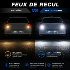 Comparatif feux de recul halogène et LED TLEDCARS montrant la différence de luminosité, de couleur et de visibilité lors de la marche arrière.