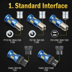 Guide des ampoules LED automobiles présentant les différents culots standards PY21W BAU15S, P21W BA15S, P21/5W BAY15D, 7440 W21W et 7443 W21/5W avec leurs caractéristiques techniques.