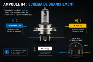 Schéma de branchement ampoule H4 : broches masse, croisement et route