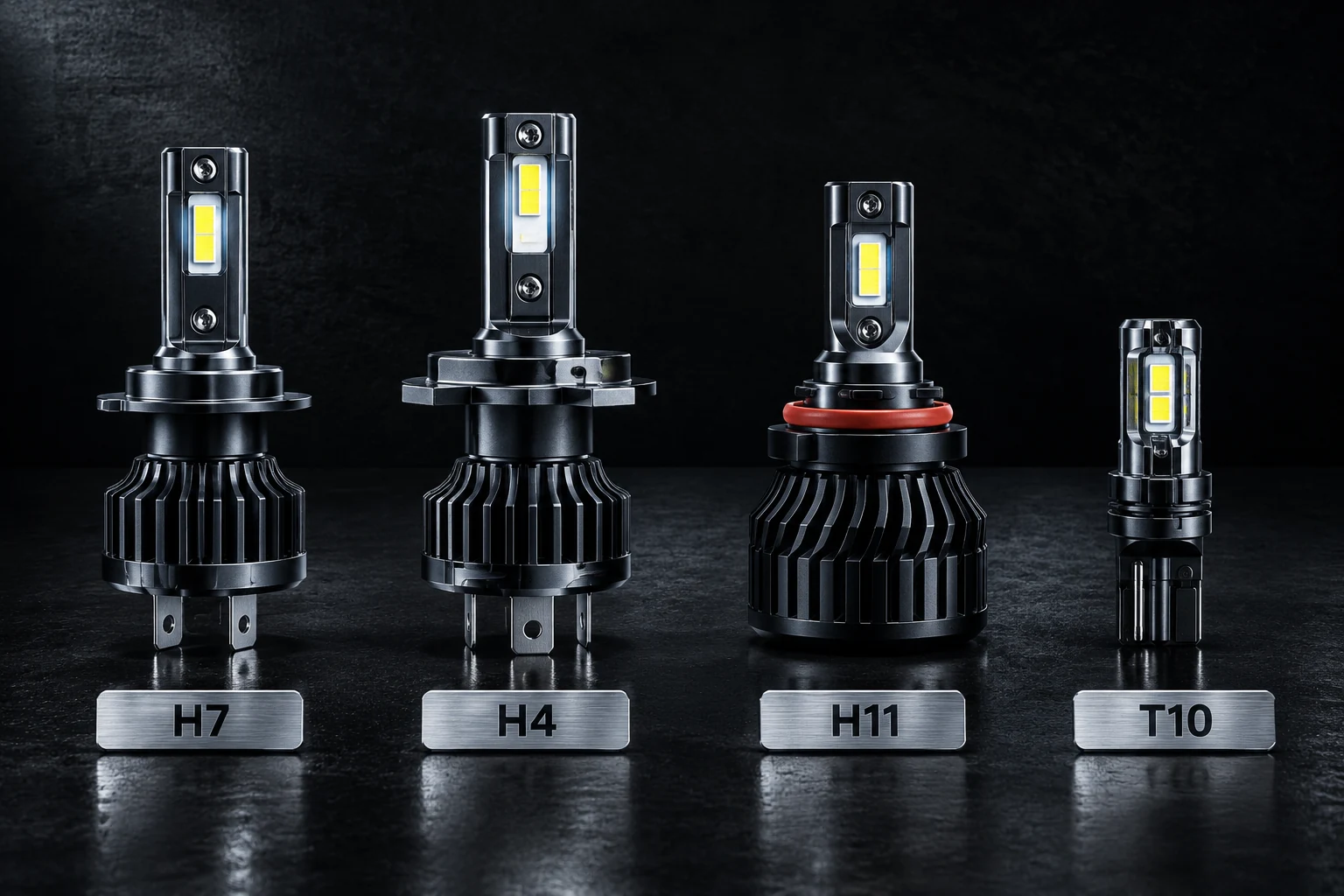 Culots ampoules LED voiture H7, H4, H11 et T10 côte à côte